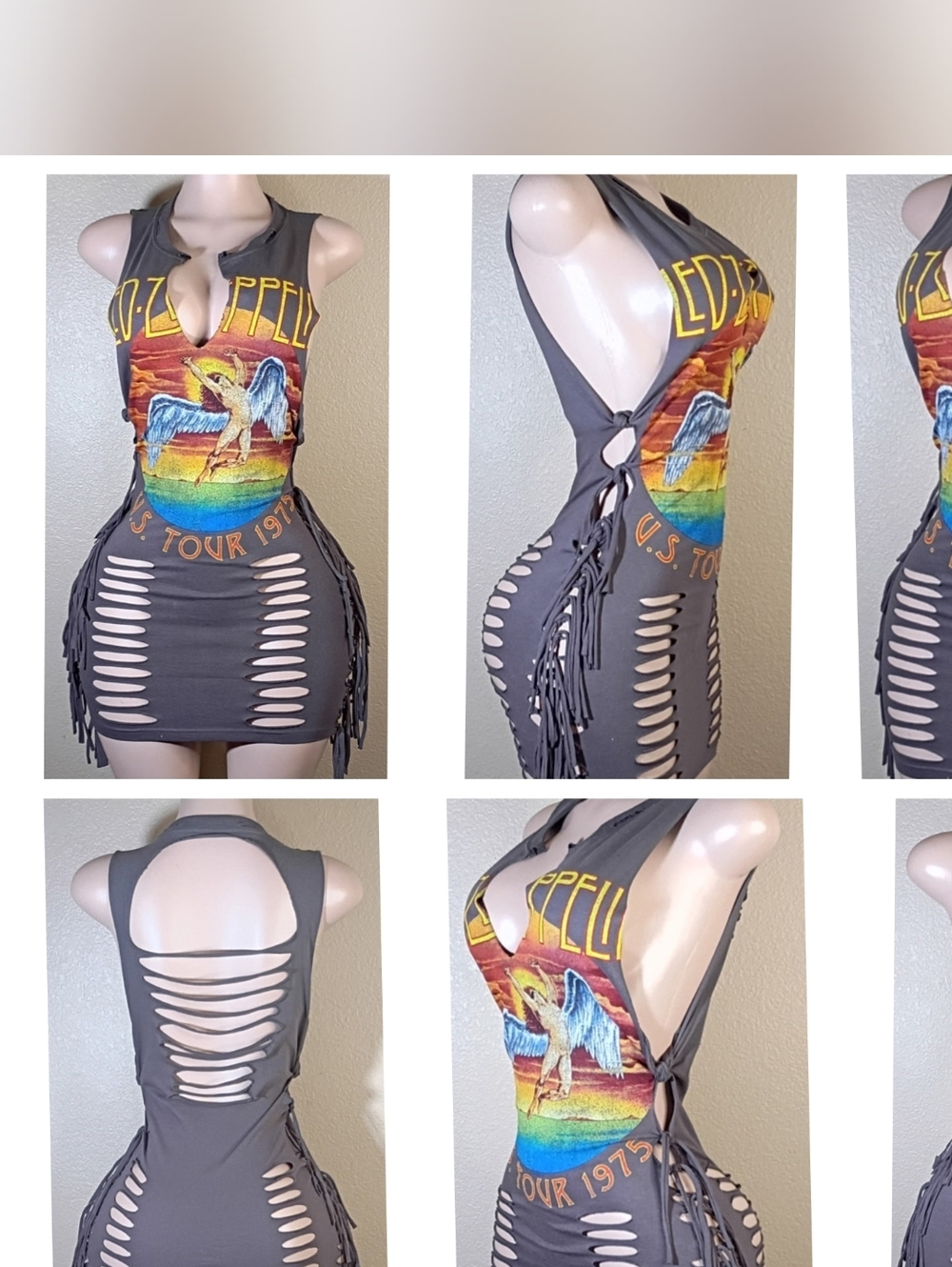 Custom Gray Distressed Led Zeppelin Graphic Cut-Out Fringe Tank Top